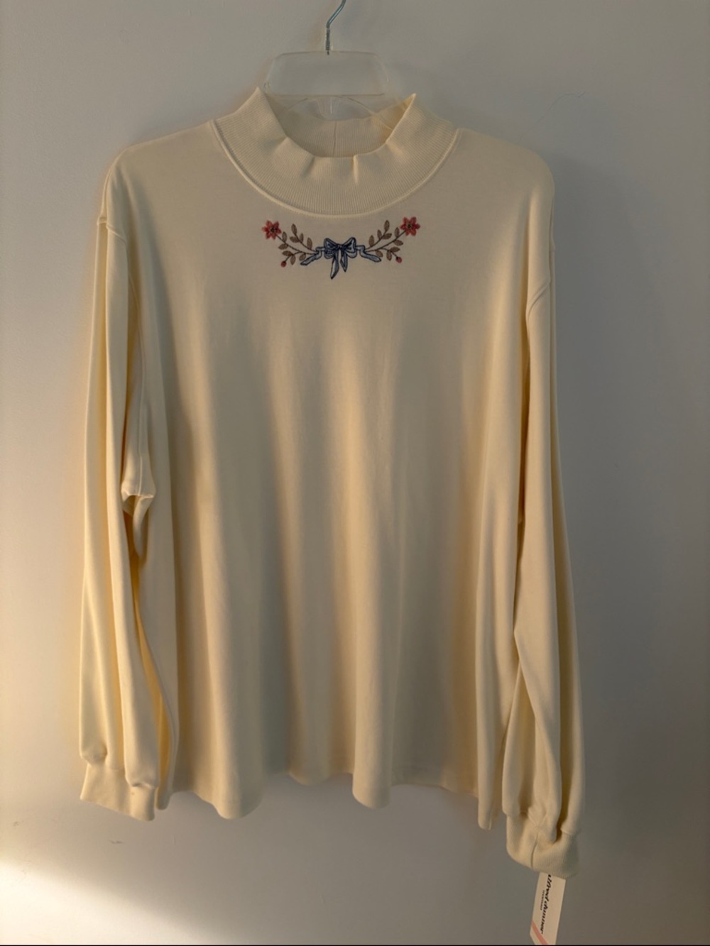 Alfred Dunner Cream Long Sleeve Mock Neck Top with Embroidered Bow